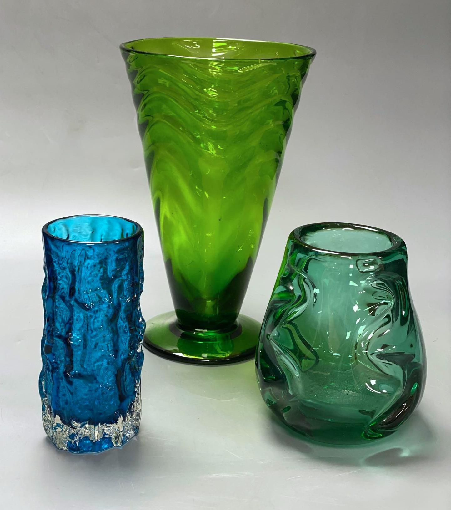 Three Whitefriars coloured glass vases, tallest 26cm